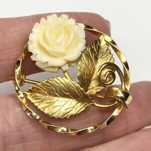 12k Gold Filled Vintage Karen Lynne Signed Brooch Pin Carved Rose Flower